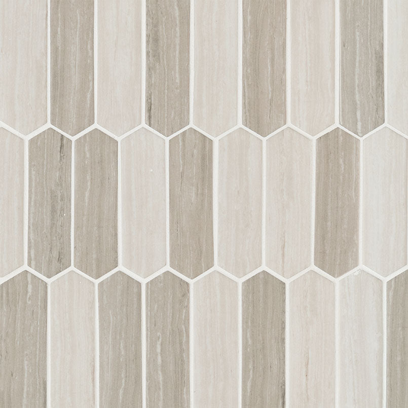 Flat view of Silva Oak Picket Mosaic with soft gray and cream veining on recycled glass picket tiles