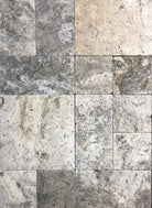 Silver Mini Travertine Pavers in Versailles Pattern with silver and cream tones
