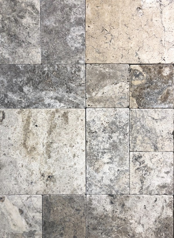 Silver Mini Travertine Pavers in Versailles Pattern with silver and cream tones
