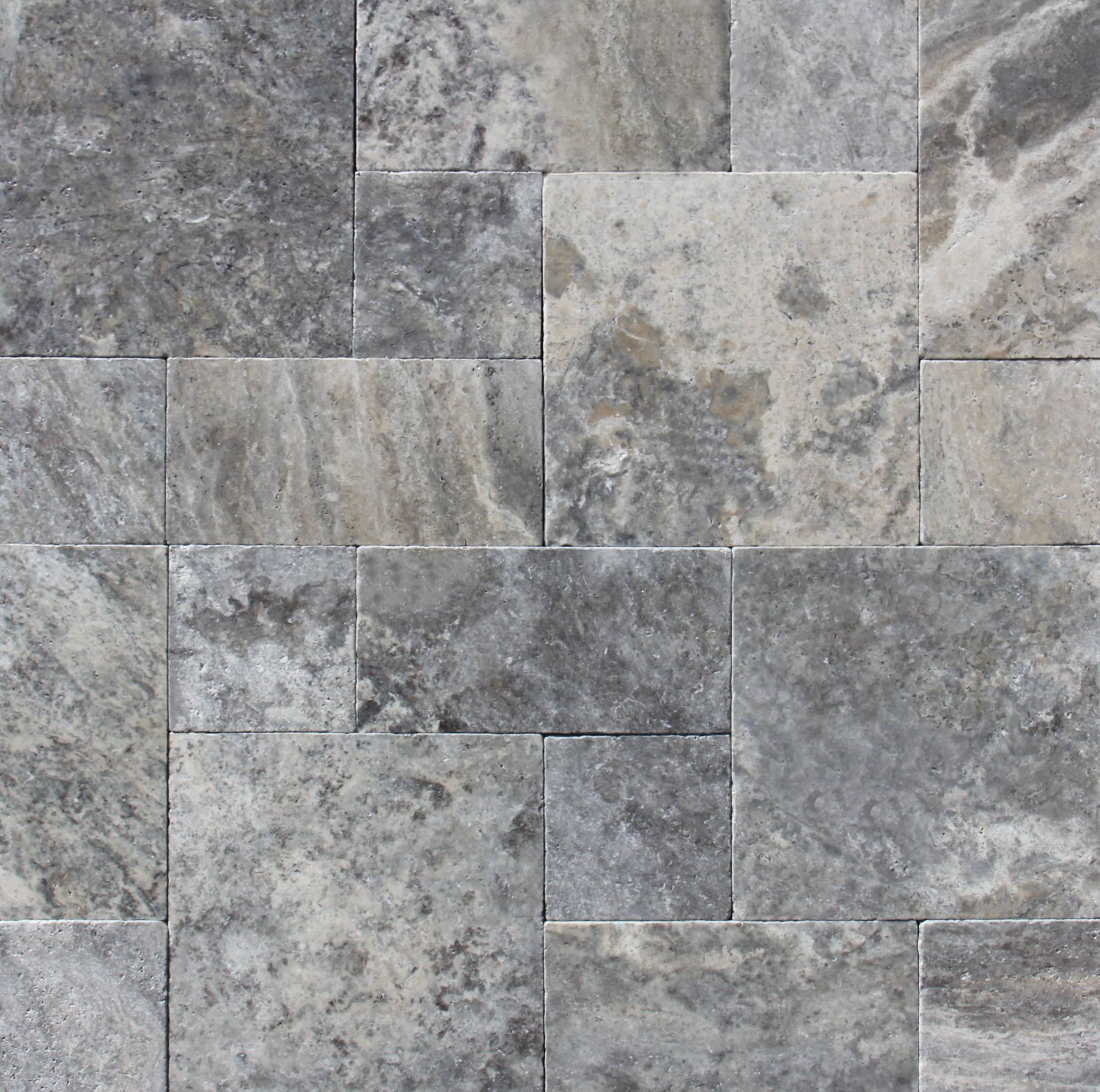 Silver Mini Travertine Pavers in Versailles Pattern with silver and cream tones

