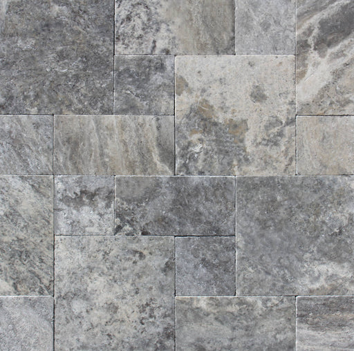 Silver Mini Travertine Pavers in Versailles Pattern with silver and cream tones

