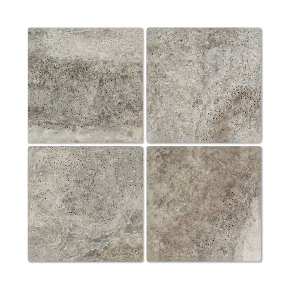 Flat view of Silver Travertine 12x12 tile in tumbled finish with gray, tan, and cream blend