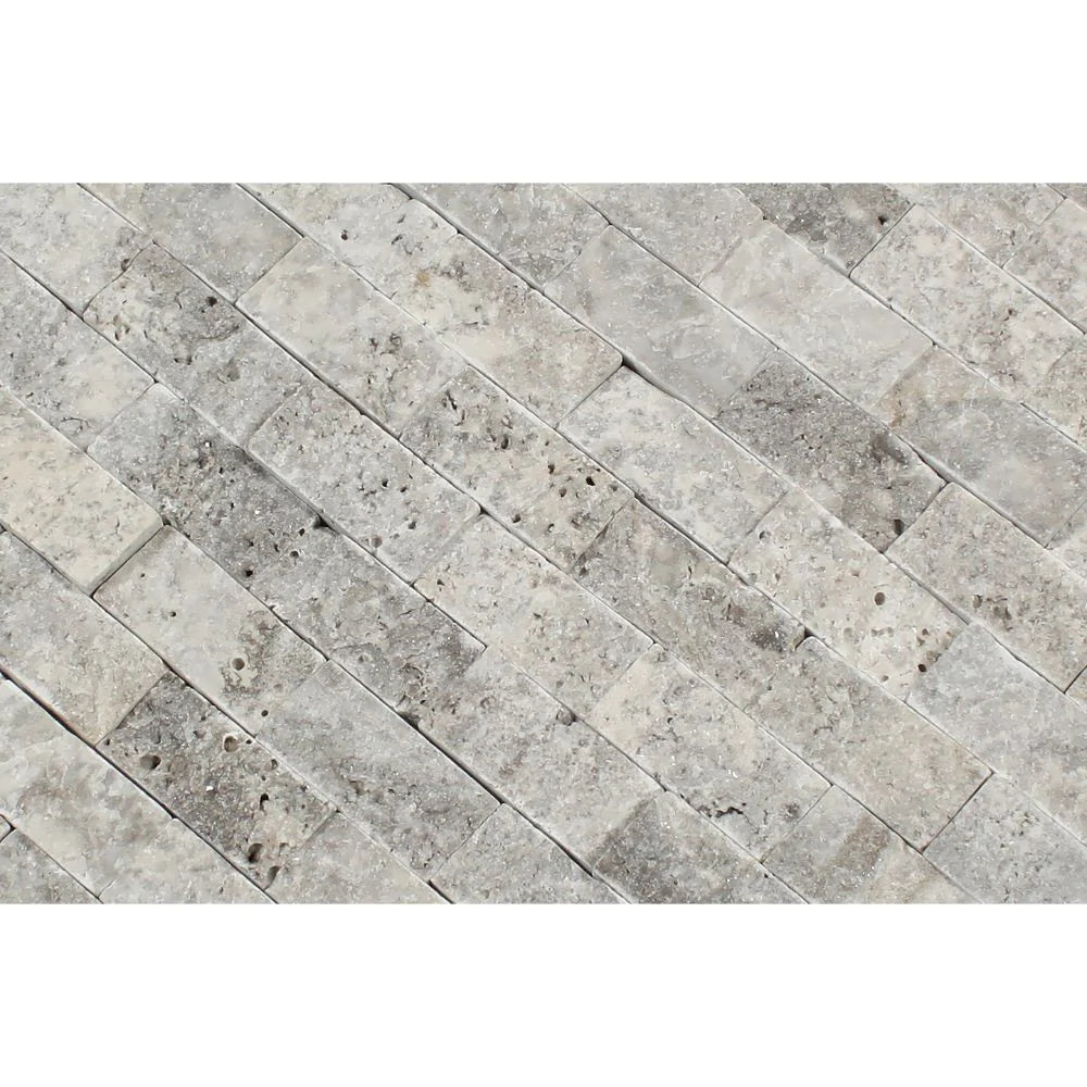 Close-up of Silver Travertine Mosaic 1x2" showing rough split face texture and natural color blend