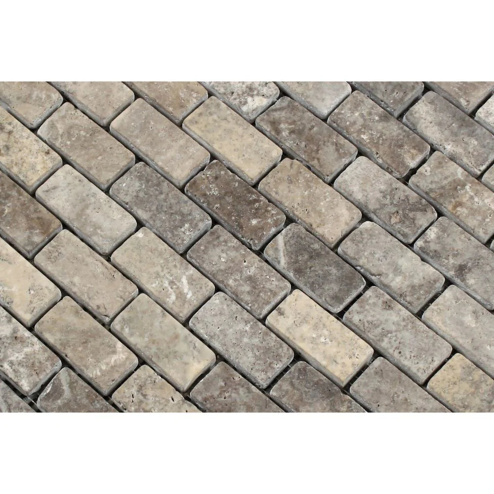 Close-up of 1x2 Silver Travertine Mosaic showing tumbled texture and soft color variation