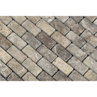 Close-up of 1x2 Silver Travertine Mosaic showing tumbled texture and soft color variation