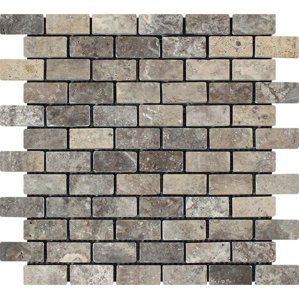 Flat view of Silver Travertine 1x2 Mosaic in tumbled finish, gray-tan-cream tones on 12x12 sheet