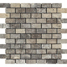 Flat view of Silver Travertine 1x2 Mosaic in tumbled finish, gray-tan-cream tones on 12x12 sheet