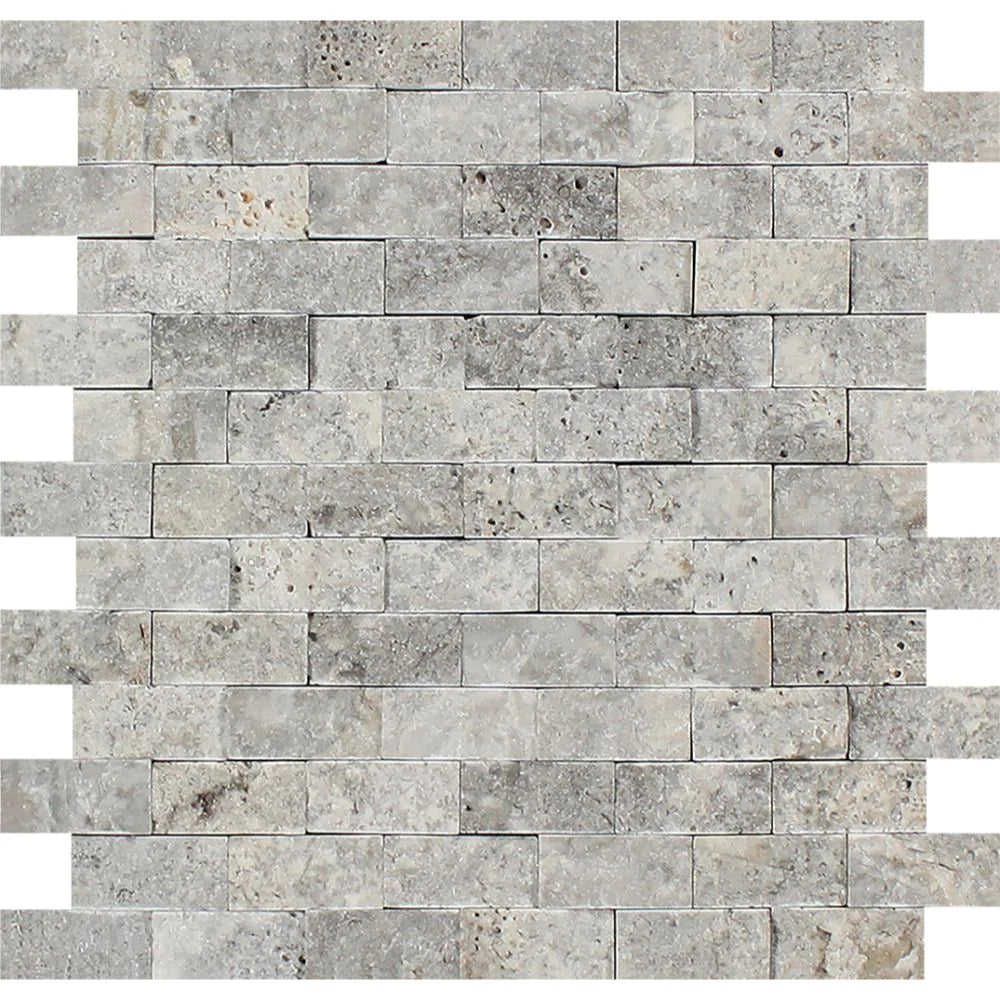 Flat view of Silver Travertine 1x2" Mosaic in Split Face finish, gray-tan-cream tones