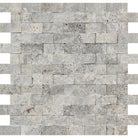 Flat view of Silver Travertine 1x2" Mosaic in Split Face finish, gray-tan-cream tones