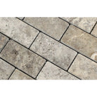 Close-up of 2x4 Silver Travertine Mosaic showing tumbled edges and color variation