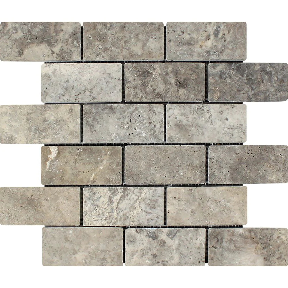 Flat view of Silver Travertine 2x4 Mosaic in tumbled finish, gray-tan-cream on 12x12 mesh