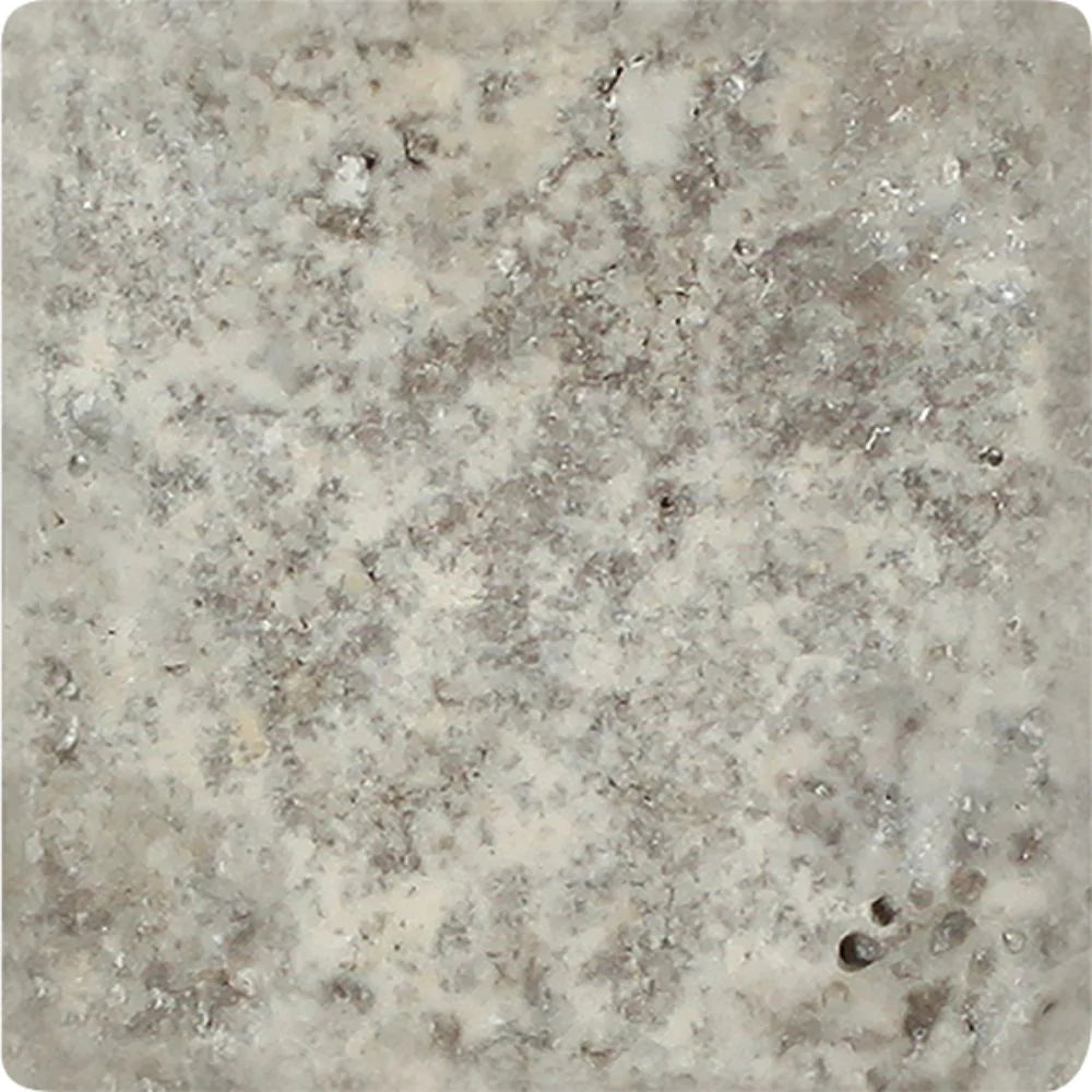 Close-up of Silver Travertine 4x4 tile with tumbled edge and textured surface