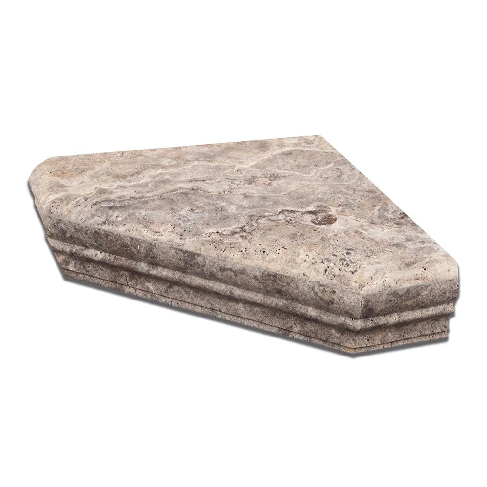 Flat view of Silver Travertine Corner Shelf in honed finish, 8 3/4 x 2 3/8"