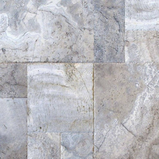Close-up of Silver Travertine paver showing textured tumbled surface