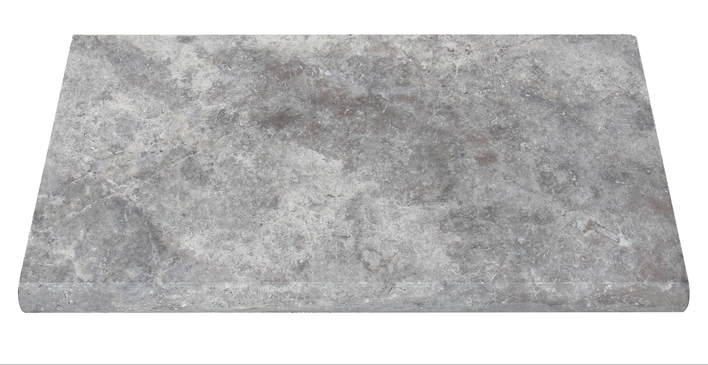 lose-up of 12x24 Silver Travertine Coping showing bullnose finish and cool gray tones