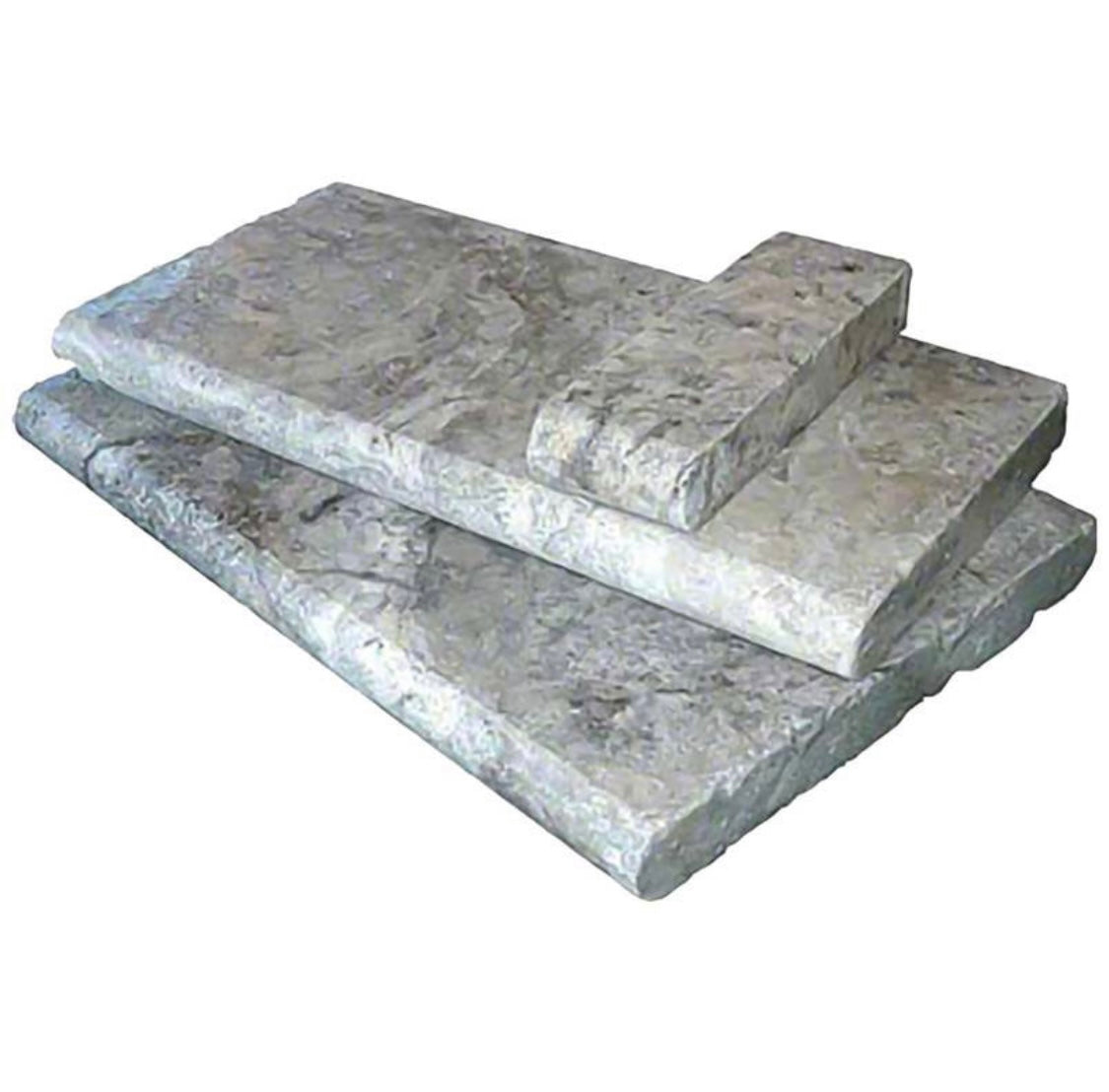 Close-up of 12x24 Silver Travertine Coping showing bullnose finish and cool gray tones