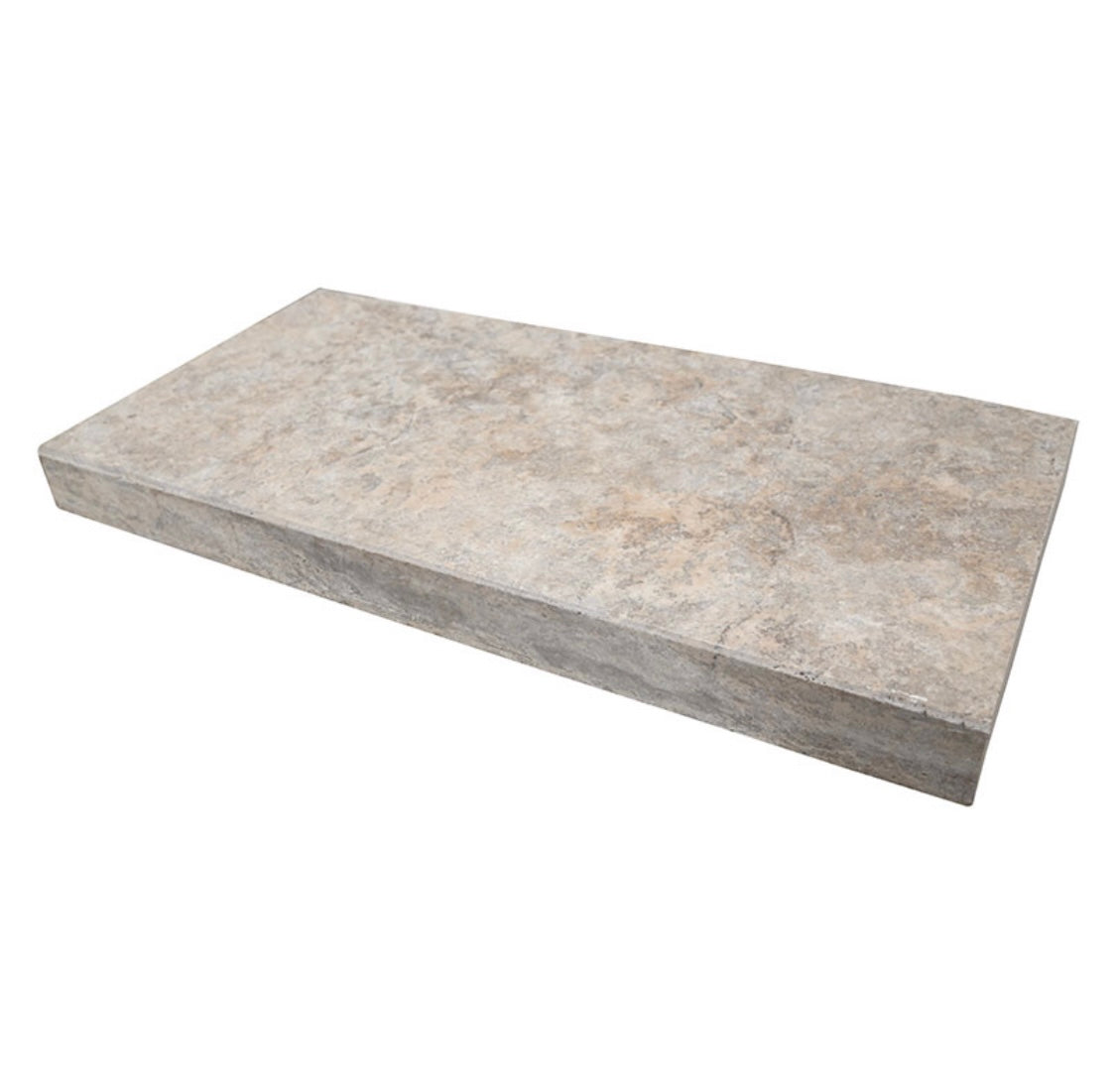 Close-up of Silver Travertine bullnose edge showing soft gray and white tones