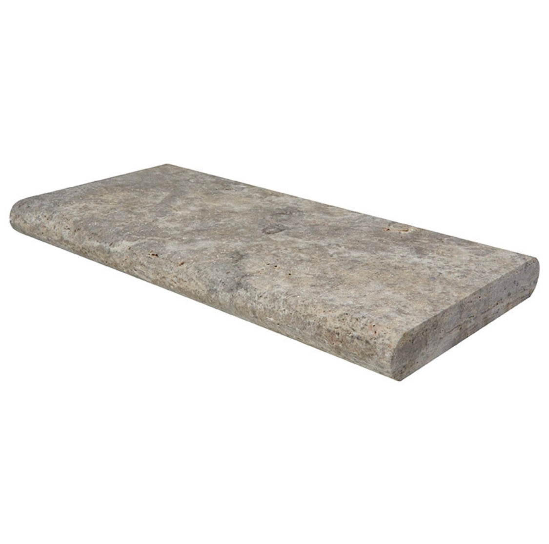 Close-up of Silver Travertine bullnose edge showing soft gray and white tones