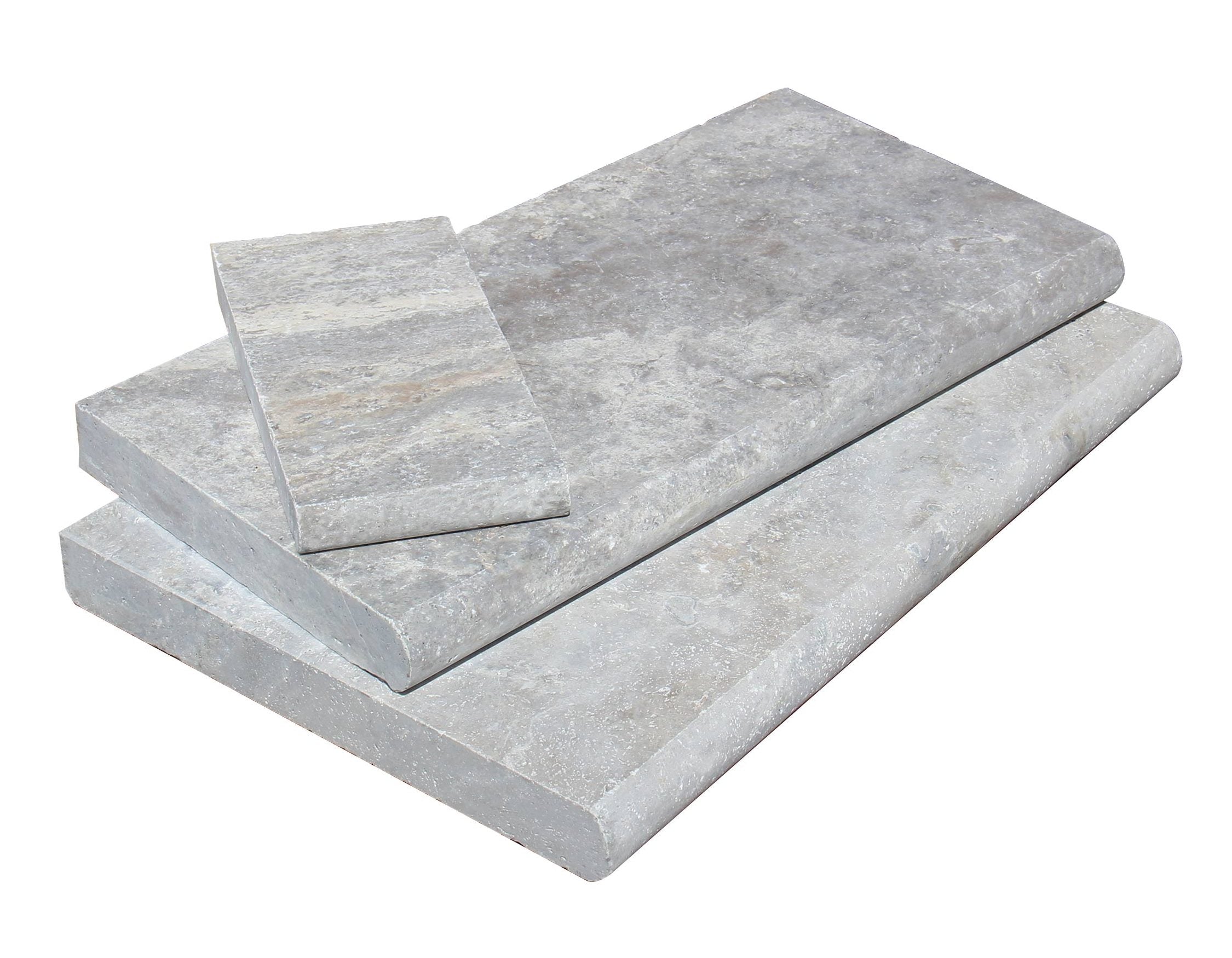 Close-up of Silver Travertine bullnose edge showing soft gray and white tones