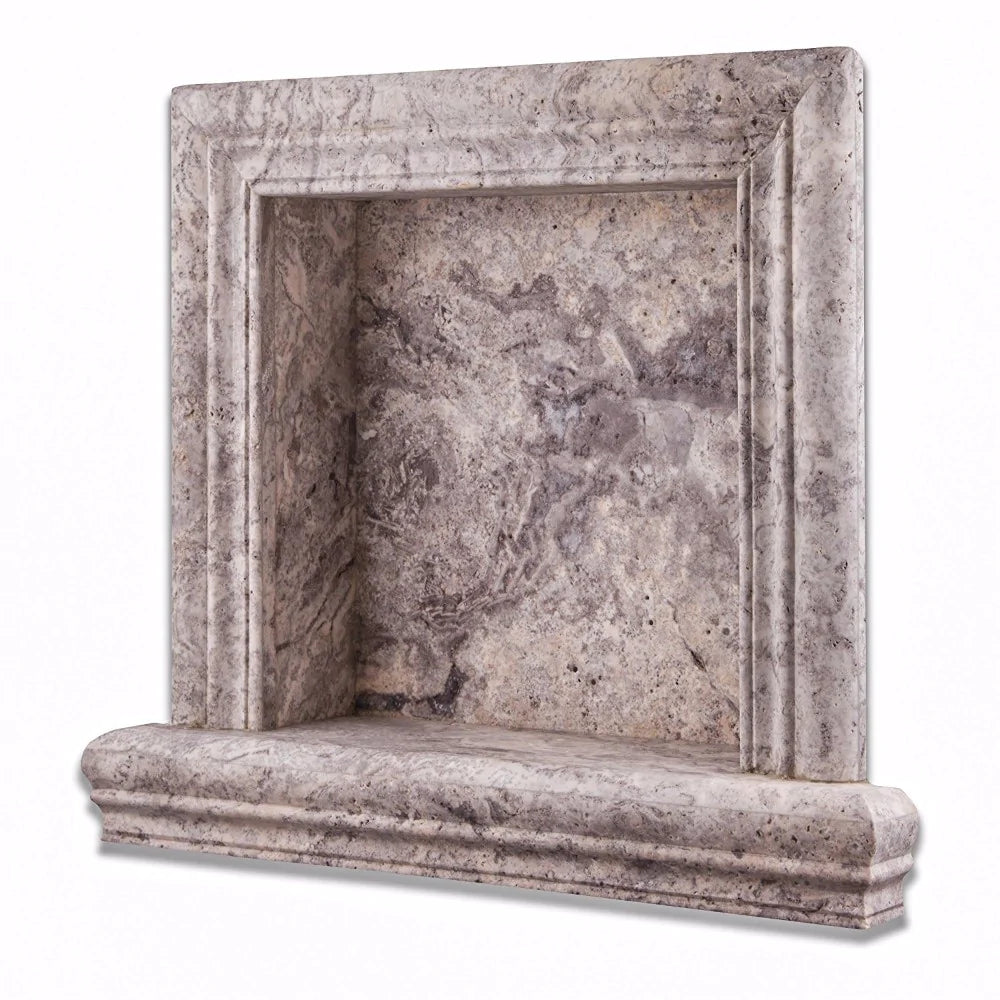 Close-up of Silver Travertine Shower Box showing honed surface and natural color variation