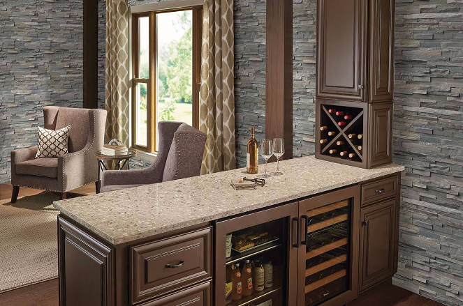Close-up of Silver Travertine panel with gray, white, and rust-toned natural quartzite