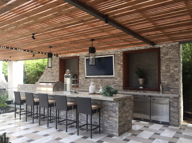 Silver Travertine Stacked Stone Panel installed on living room accent wall