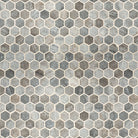 Close-up of Stonella Mosaic showing 2-inch hex glass chips in gray, cream, and brown