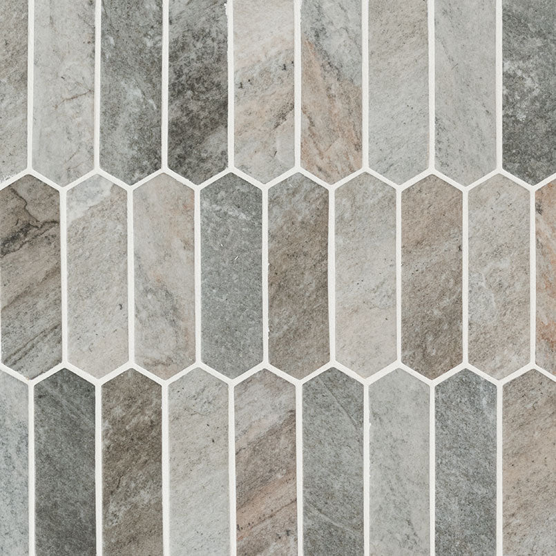 Flat view of Stonella Picket Mosaic showing matte recycled glass in stone-look grays, browns, and creams