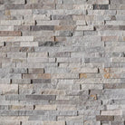 Flat lay of Sunset Silver quartzite stacked stone panel, 6x24 split face finish