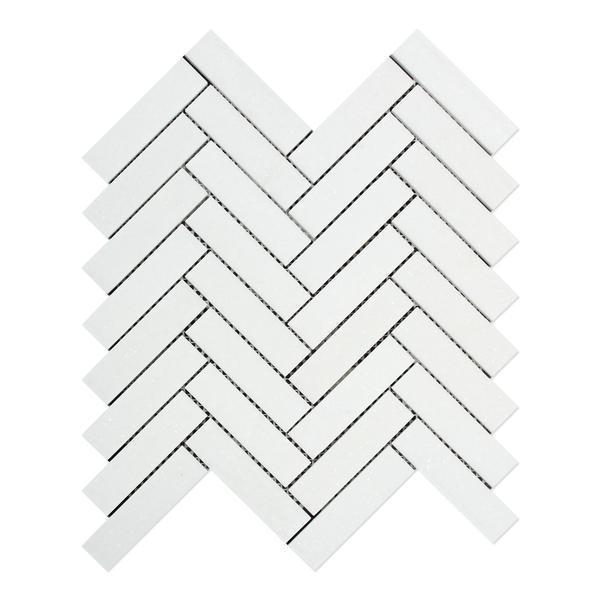 Flat view of Thassos White 1x4 Herringbone Mosaic in polished finish, 12x12 sheet