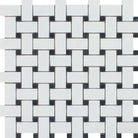 Flat view of Thassos White Basketweave Mosaic with Black Dots, polished finish