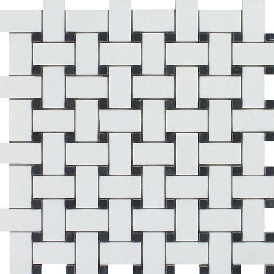 Flat view of Thassos White Basketweave Mosaic with Black Dots, polished finish
