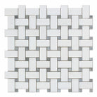 Flat view of Thassos White Basketweave Mosaic with Blue Dots, polished finish
