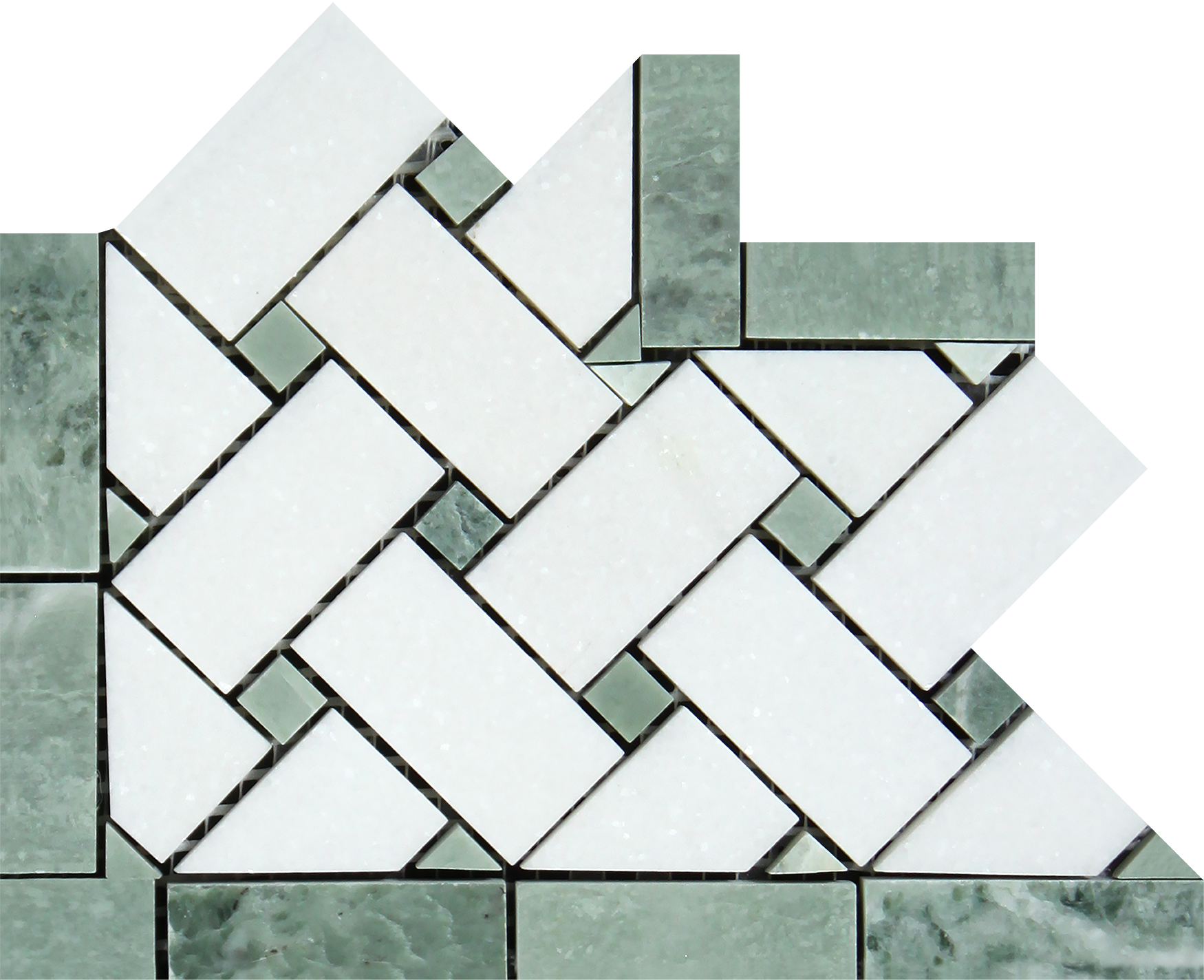 Thassos White Basketweave Corner Green marble trim with polished finish and green accent