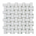 Flat lay of Thassos White Basketweave Mosaic with Green Dots