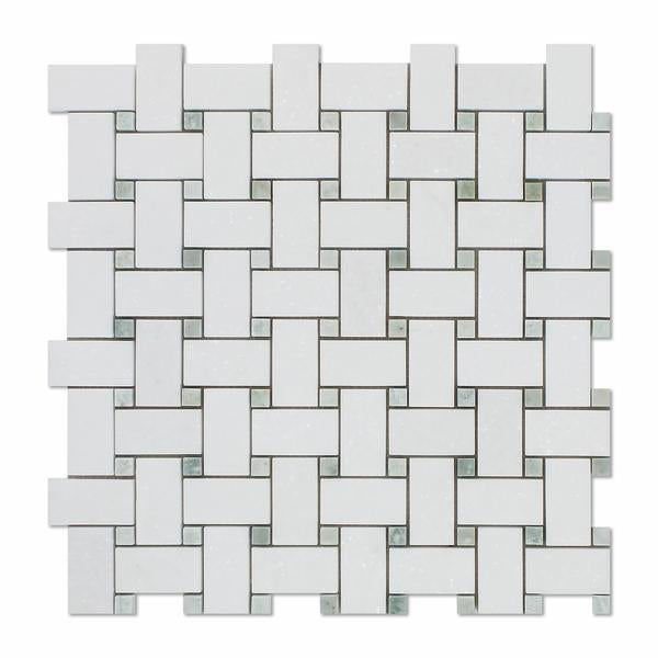 Flat lay of Thassos White Basketweave Mosaic with Green Dots