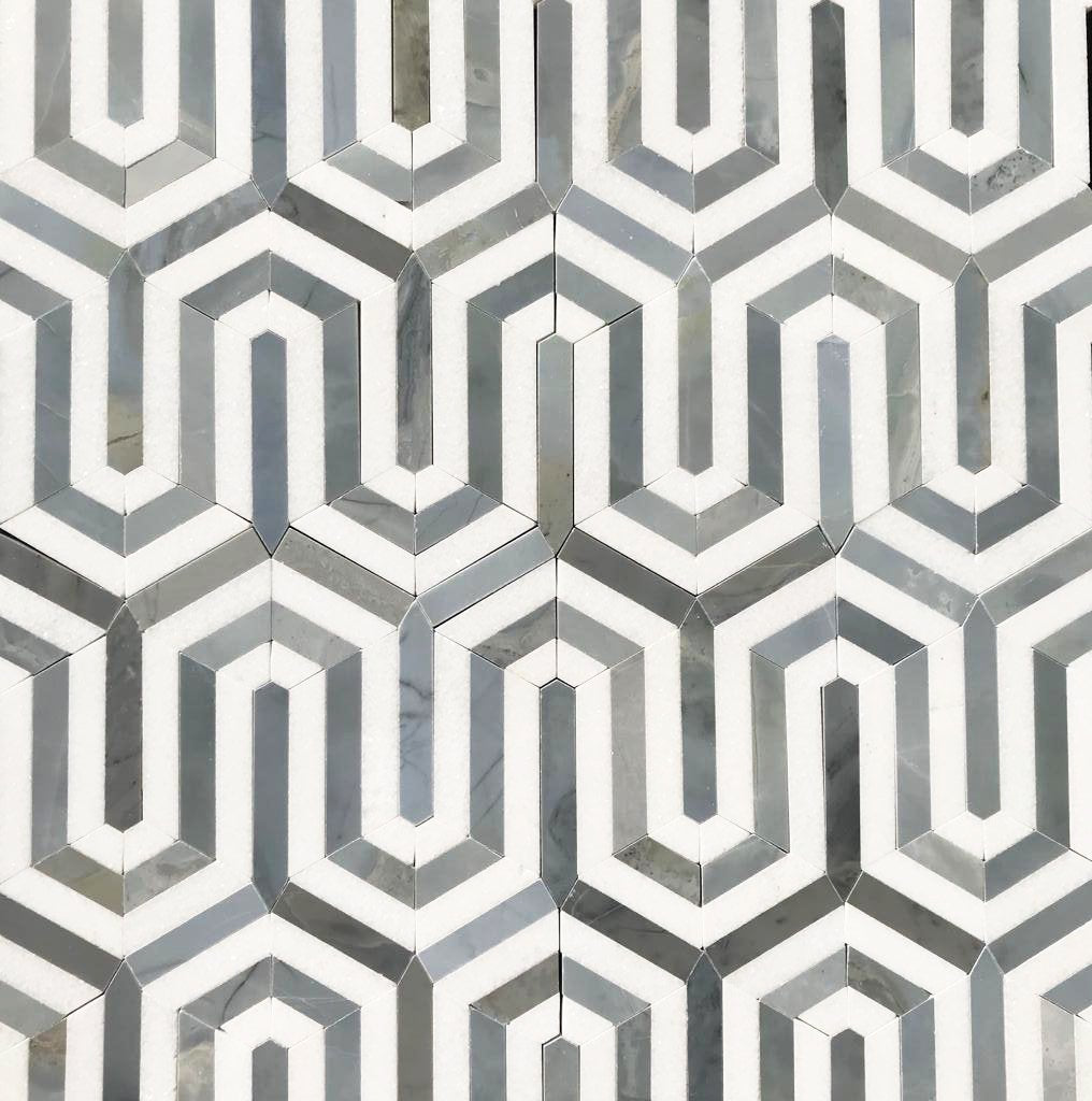 Thassos White Berlinetta Blue mosaic tile with waterjet-cut white and blue marble pattern