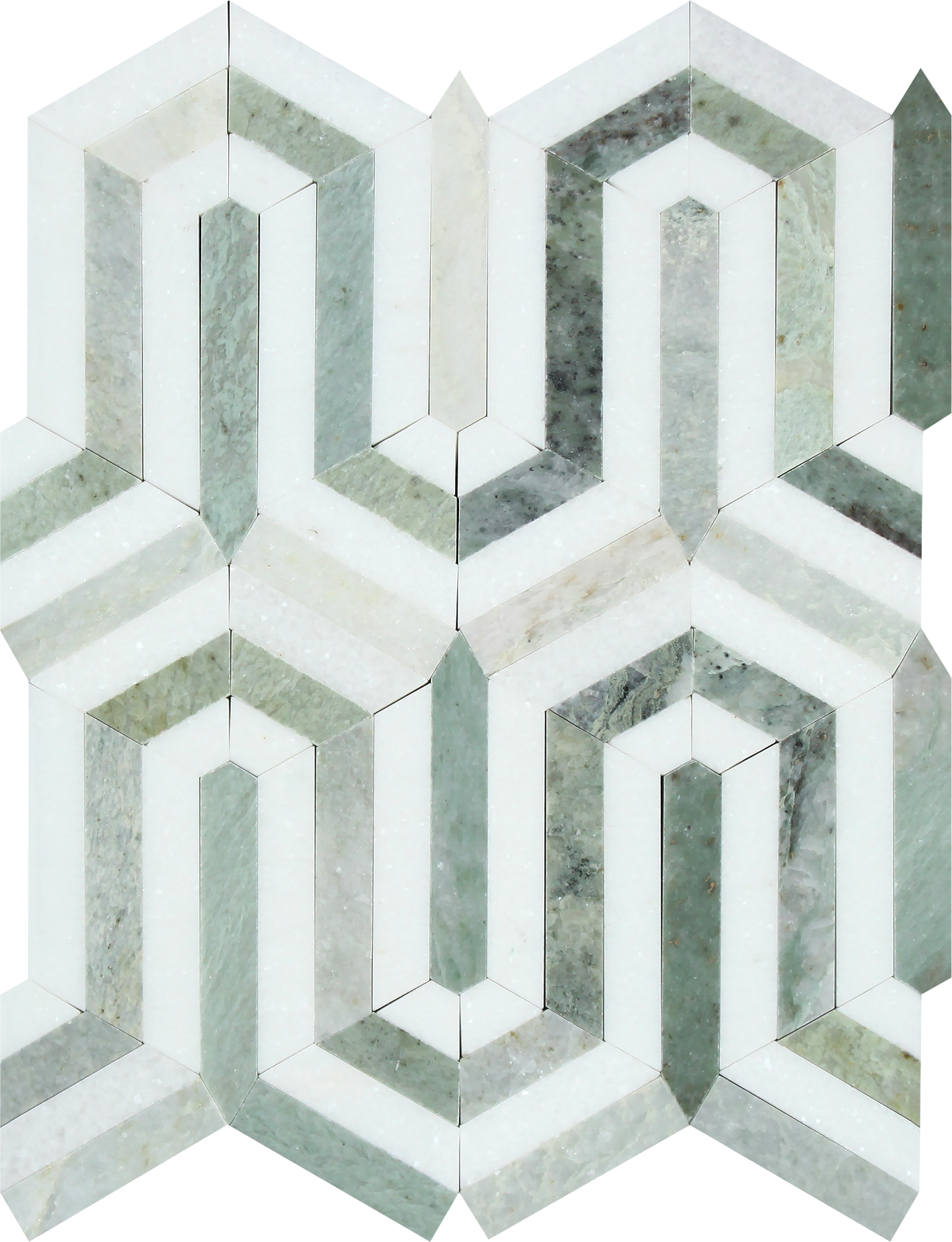 Thassos White Berlinetta Green mosaic tile sheet with green accents