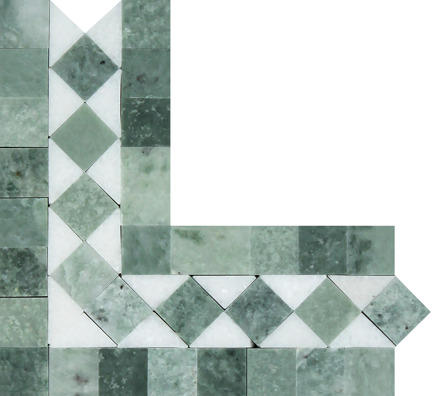 Thassos White Bias Border Corner Green polished marble trim with diagonal green detail