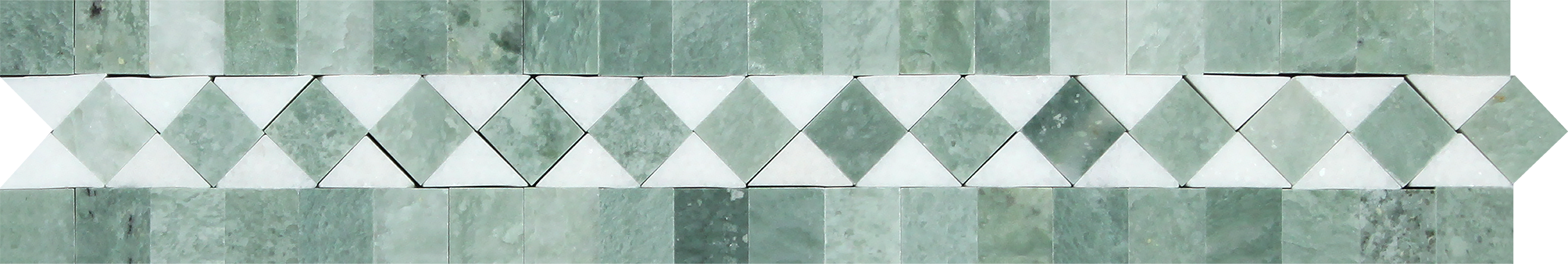 Thassos White Bias Border Green marble trim 2x12 with green diagonal pattern