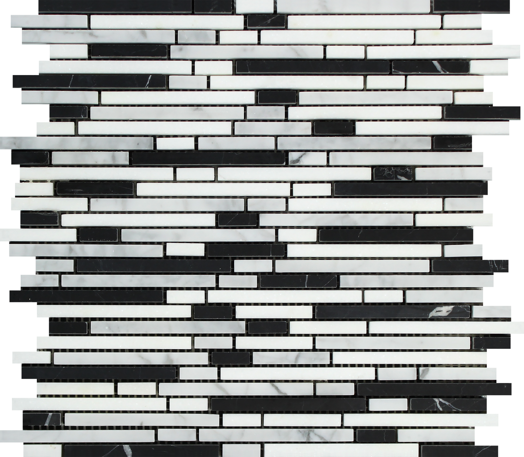 Flat view of Thassos White Bamboo Sticks with Black in polished finish, 12x12 mosaic sheet