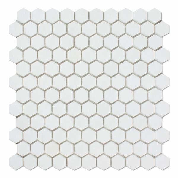 Front view of Thassos White Hexagon 1x1 Polished Mosaic Sheet