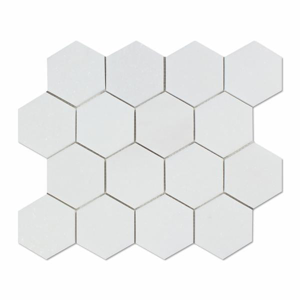 Flat view of Thassos White 3x3 Hexagon Mosaic in polished finish
