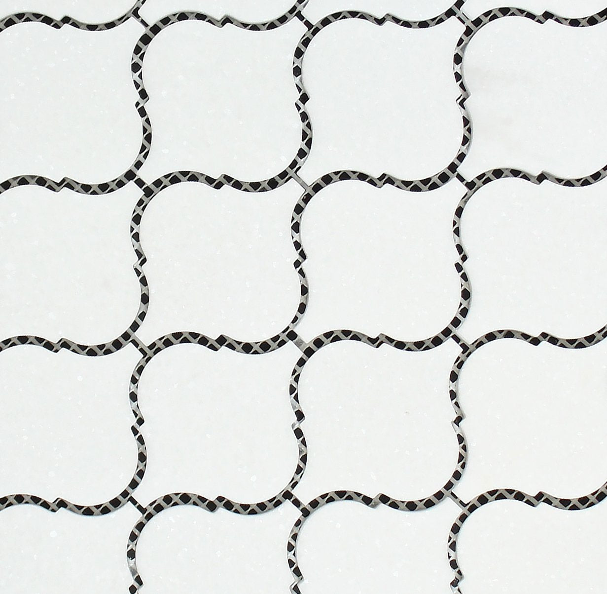 Close-up of Thassos White 2-inch Lantern Mosaic showing curved marble detail