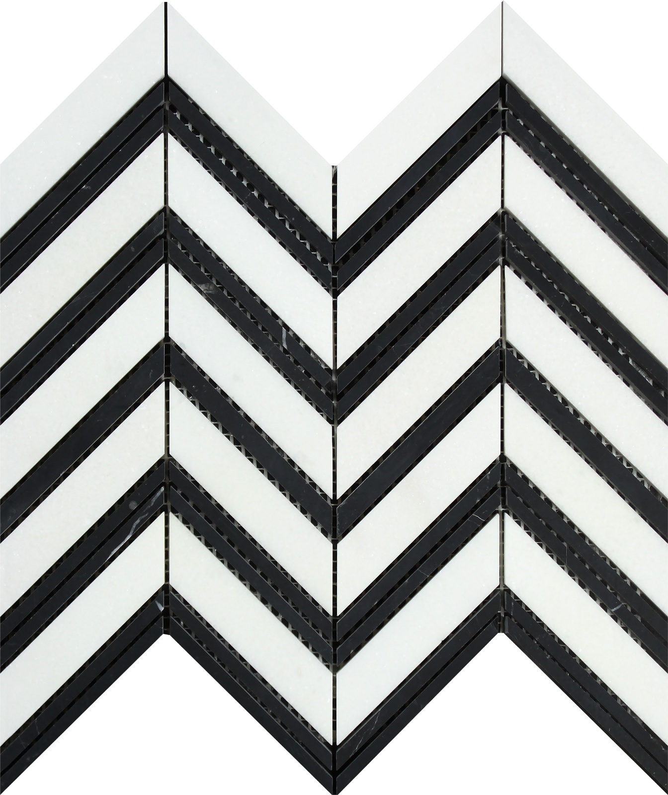 Flat view of Thassos White Large Chevron Black mosaic, 12x12 tile