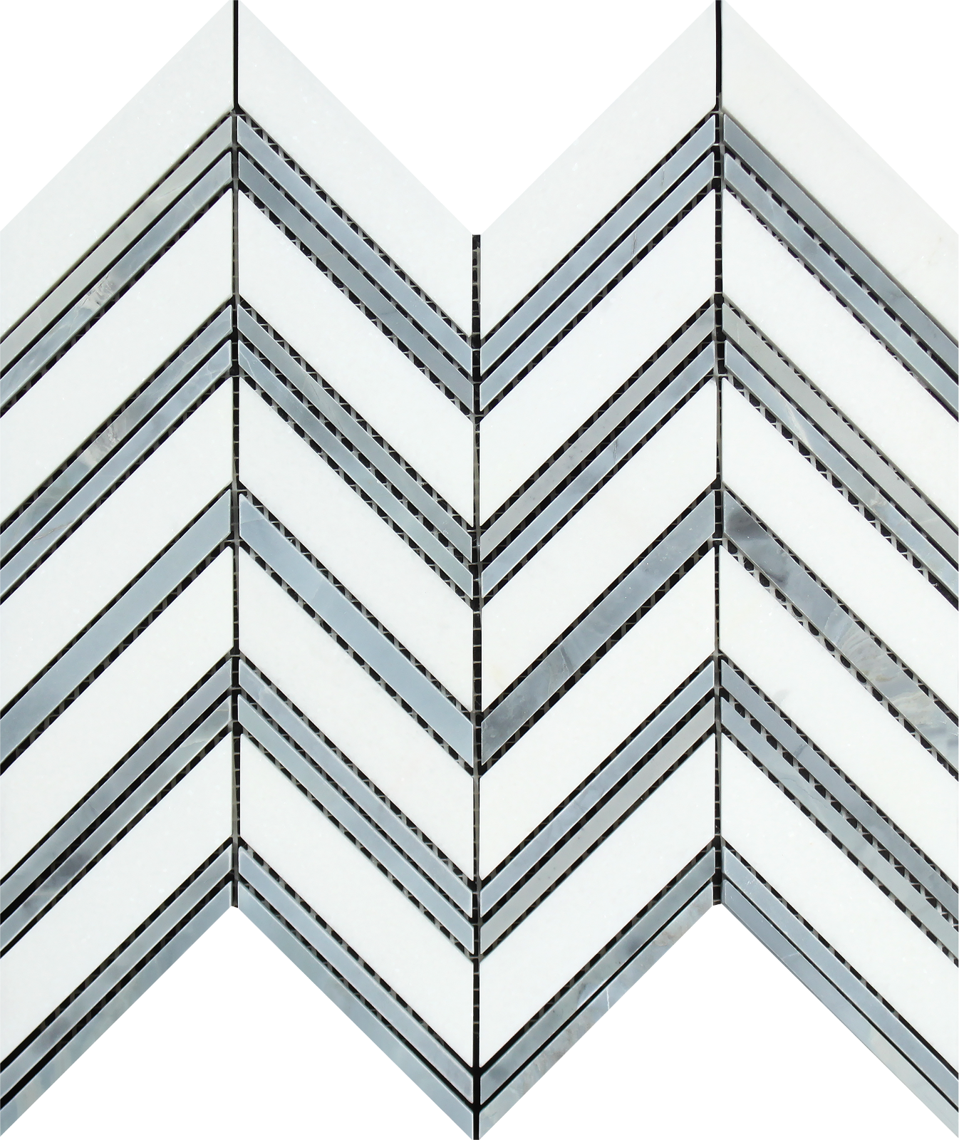 Flat view of Thassos White Large Chevron Blue Gray mosaic, 12x12 polished tile