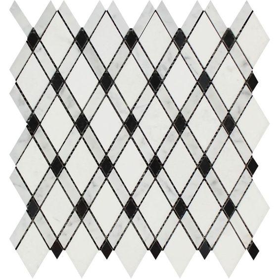 Flat view of Thassos White Lattice Black Dot Mosaic tile, polished finish