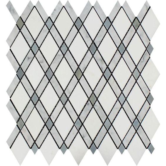 Flat view of Thassos White Lattice Blue Dot Mosaic tile, polished finish