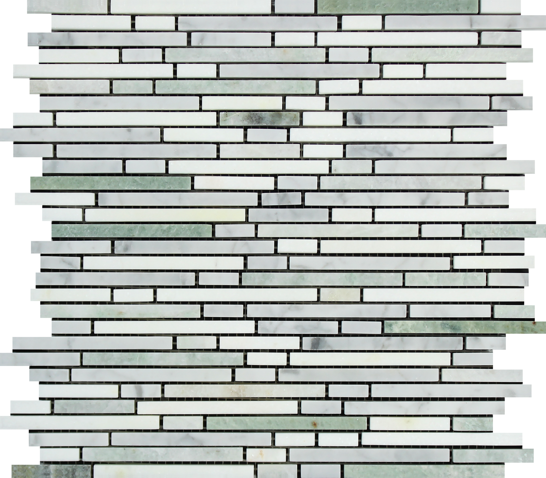 Flat view of Thassos White Bamboo Sticks with Ming Green in polished finish, 12x12 mosaic sheet