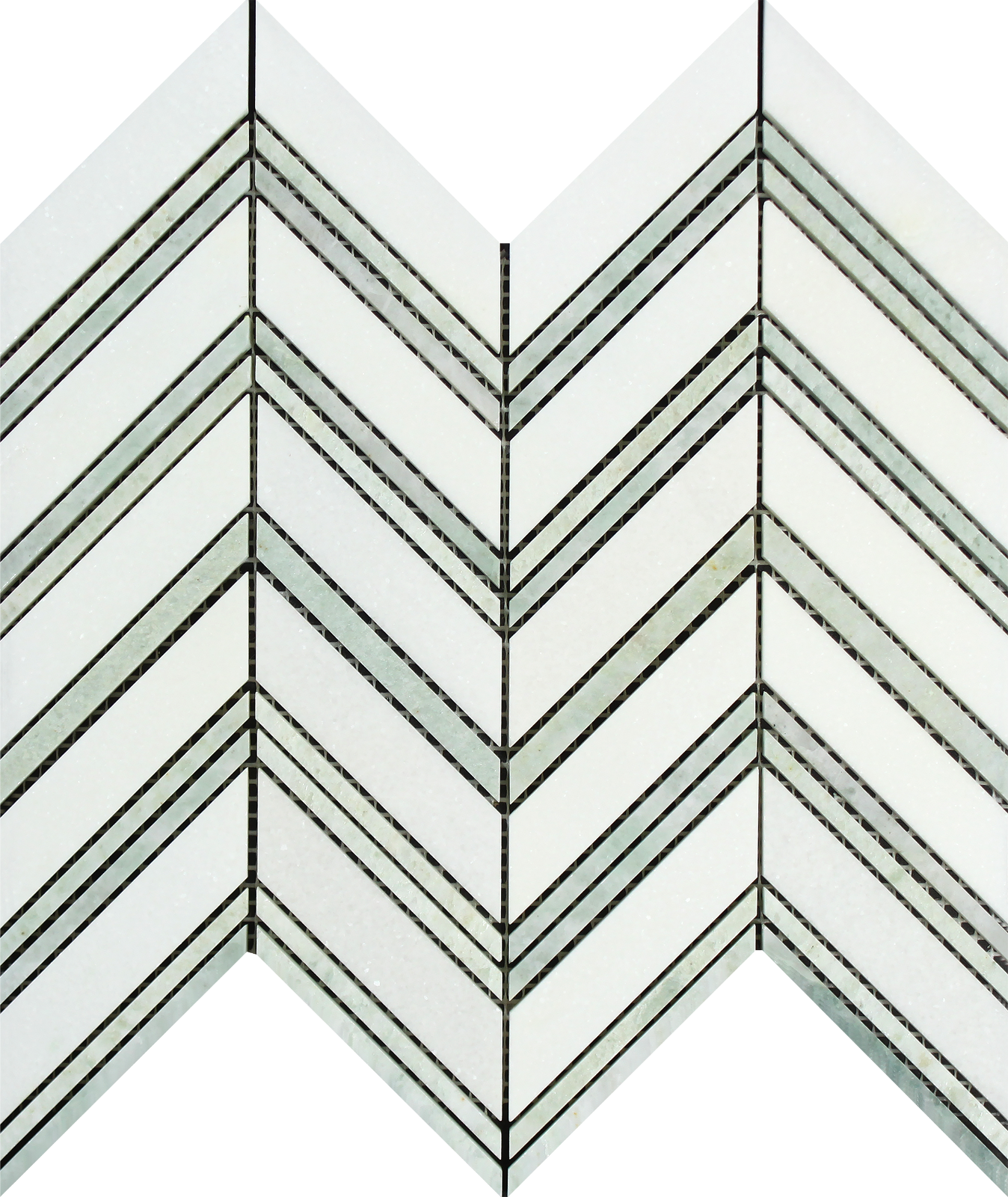 Flat view of Thassos White Ming Green Large Chevron Mosaic, 12x12 polished sheet